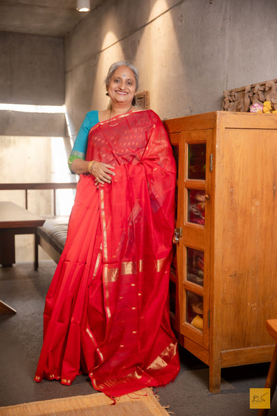 Ameya- Red Maheshwari Silk Cotton Handwoven Saree