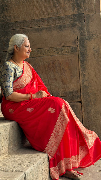 Sriprada - Red Banarasi Munga Silk Handwoven Saree