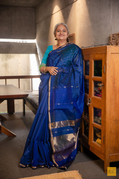 Nayana- Blue-Green Maheshwari Silk Cotton Handwoven Saree