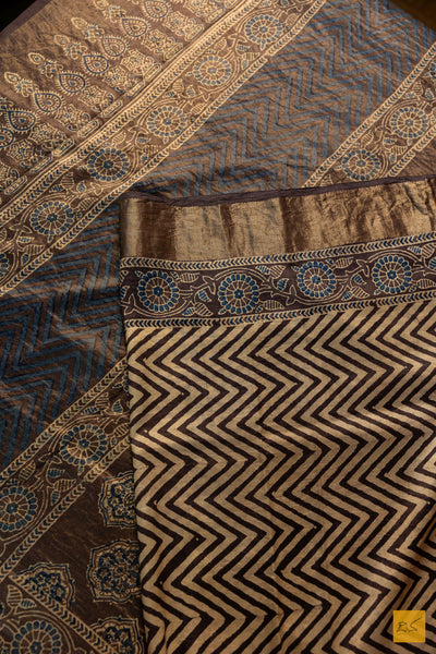 Urmila- Black Maheshwari Mulberry Silk Ajrakh Print Handwoven Saree