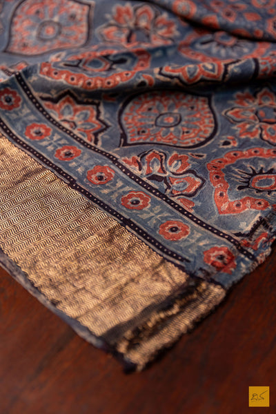 Samiksha- Blue Maheshwari Mulberry Silk Ajrakh Print Handwoven Saree