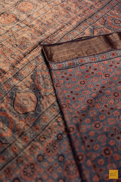 Samiksha- Blue Maheshwari Mulberry Silk Ajrakh Print Handwoven Saree