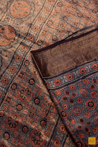 Samiksha- Blue Maheshwari Mulberry Silk Ajrakh Print Handwoven Saree