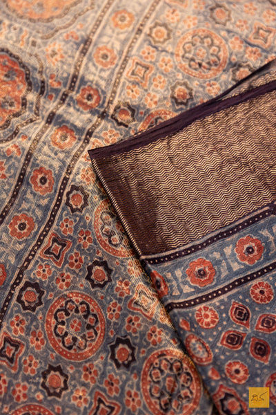 Samiksha- Blue Maheshwari Mulberry Silk Ajrakh Print Handwoven Saree