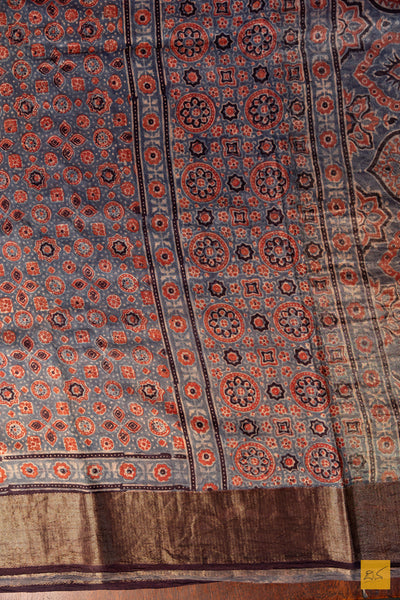 Samiksha- Blue Maheshwari Mulberry Silk Ajrakh Print Handwoven Saree