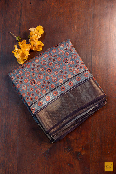 Samiksha- Blue Maheshwari Mulberry Silk Ajrakh Print Handwoven Saree