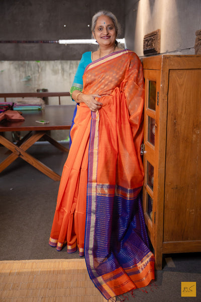 Hamsa- Orange Maheshwari Silk Cotton Handwoven Saree