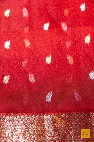 Tejovathi- Red Banarasi Tissue Silk Organza Handwoven Saree