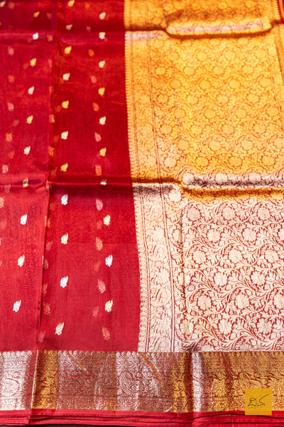 Tejovathi- Red Banarasi Tissue Silk Organza Handwoven Saree