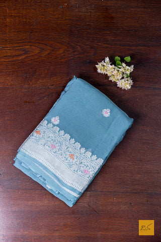 Aisha- Grey-Blue Banarasi Georgette Handwoven Saree