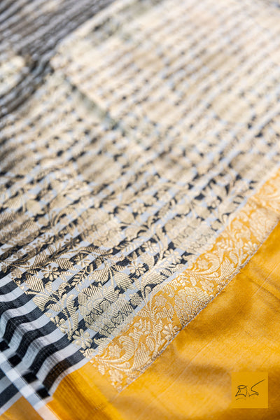 Vilohitha- Black-White & Yellow Banarasi Katan Silk Handwoven Saree
