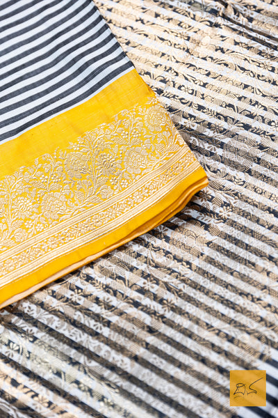 Vilohitha- Black-White & Yellow Banarasi Katan Silk Handwoven Saree