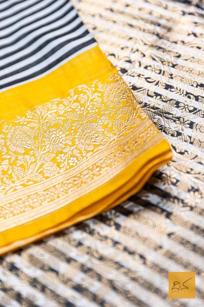 Vilohitha- Black-White & Yellow Banarasi Katan Silk Handwoven Saree