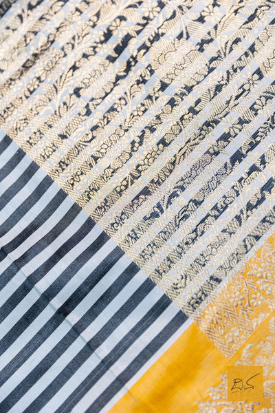 Vilohitha- Black-White & Yellow Banarasi Katan Silk Handwoven Saree