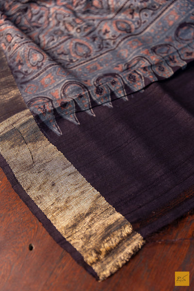 Mallika - Maheshwari Tussar Silk Ajrakh Print Handwoven Saree