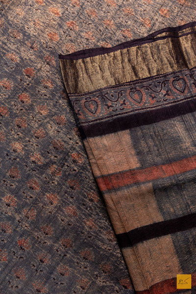 Mallika - Maheshwari Tussar Silk Ajrakh Print Handwoven Saree