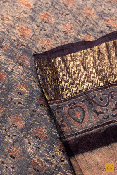 Mallika - Maheshwari Tussar Silk Ajrakh Print Handwoven Saree