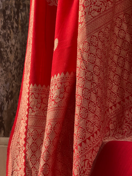 Sriprada - Red Banarasi Munga Silk Handwoven Saree