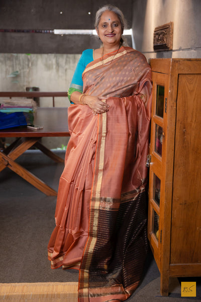 Trilochana- Peach Maheshwari Silk Cotton Handwoven Saree