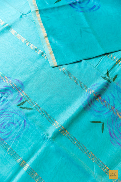 Asha- Turquoise Maheshwari Hand Painted Silk Cotton Handwoven Saree