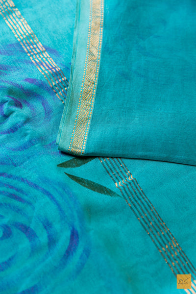 Asha- Turquoise Maheshwari Hand Painted Silk Cotton Handwoven Saree