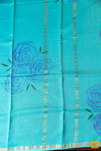 Asha- Turquoise Maheshwari Hand Painted Silk Cotton Handwoven Saree