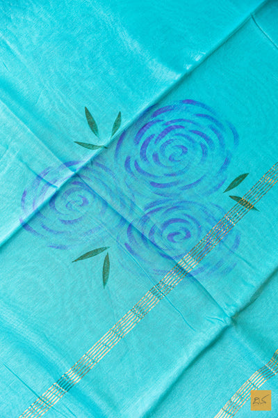 Asha- Turquoise Maheshwari Hand Painted Silk Cotton Handwoven Saree