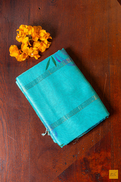 Asha- Turquoise Maheshwari Hand Painted Silk Cotton Handwoven Saree