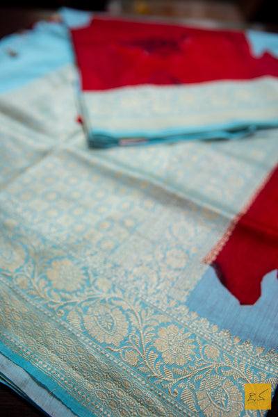 Sea Blue & Red Banarasi Silk Cotton Handwoven Saree