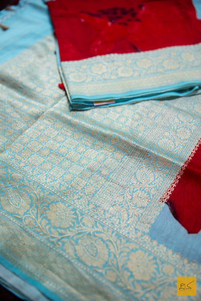 Sea Blue & Red Banarasi Silk Cotton Handwoven Saree