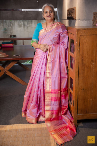 Kamakshi- Pink Maheshwari Pure Silk Handwoven Saree