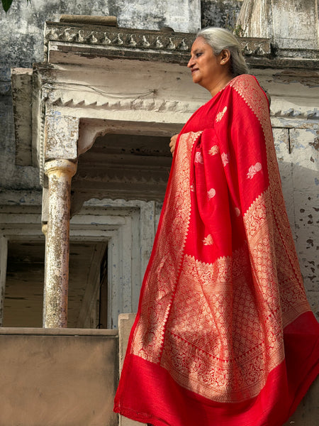 Sriprada - Red Banarasi Munga Silk Handwoven Saree