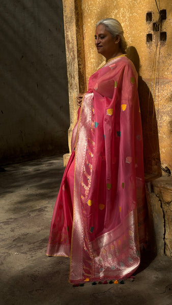 Nishpanka - Pink Banarasi Kora Silk Organza Handwoven saree