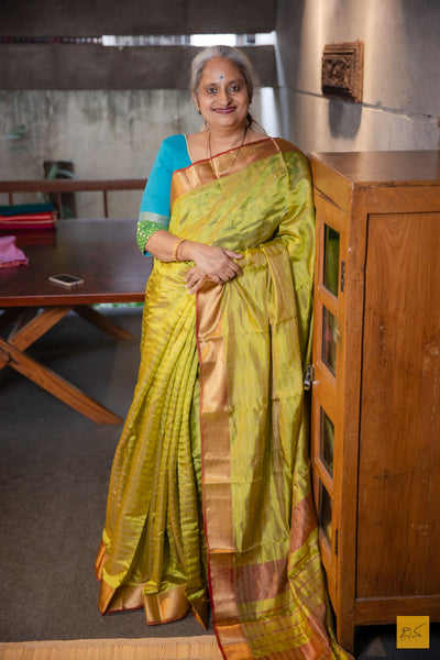 Shubha- Lime Green Maheshwari Pure Silk Handwoven Saree