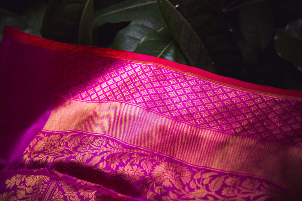 Orange - Pink Banarasi Silk Handwoven Saree