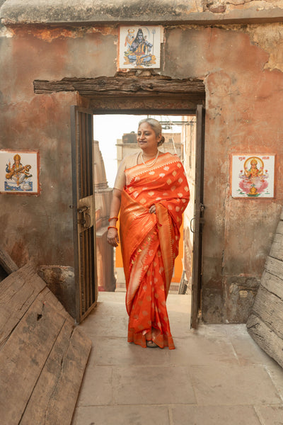 Kesari- Orange Banarasi Katan Silk Handwoven Saree