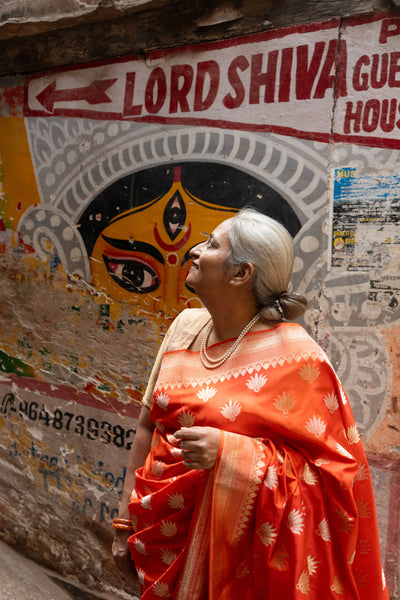 Kesari- Orange Banarasi Katan Silk Handwoven Saree