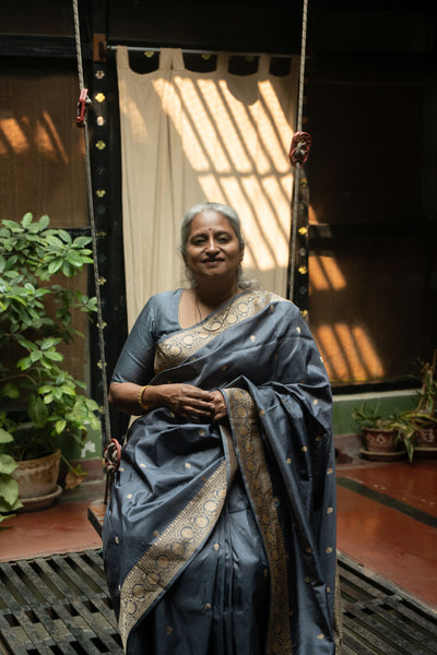 Sagari- Grey Banarasi Katan Silk Handwoven Saree
