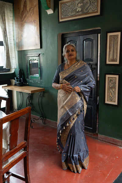 Sagari- Grey Banarasi Katan Silk Handwoven Saree