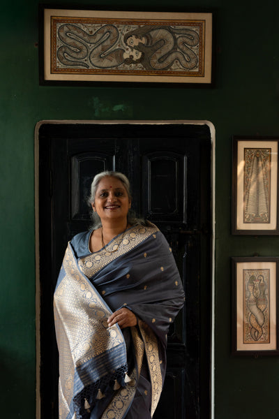 Sagari- Grey Banarasi Katan Silk Handwoven Saree