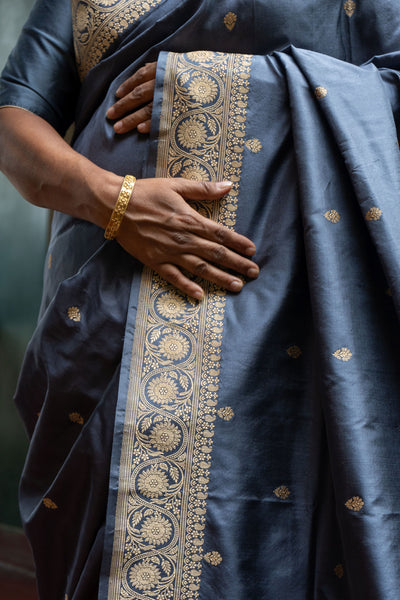 Sagari- Grey Banarasi Katan Silk Handwoven Saree