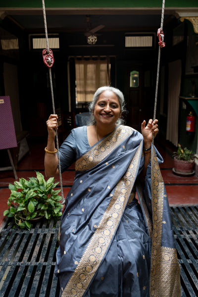 Sagari- Grey Banarasi Katan Silk Handwoven Saree