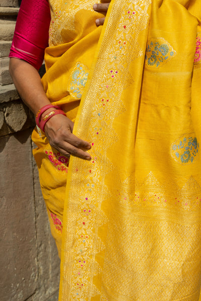 Suvarna- Yellow Banarasi Tusser Silk Handwoven Saree