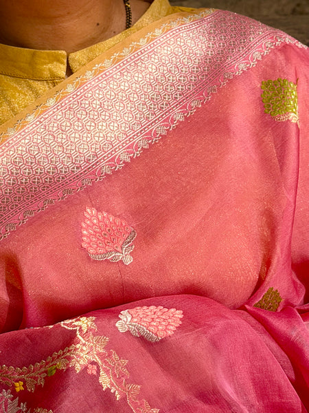 Nishpanka - Pink Banarasi Kora Silk Organza Handwoven saree