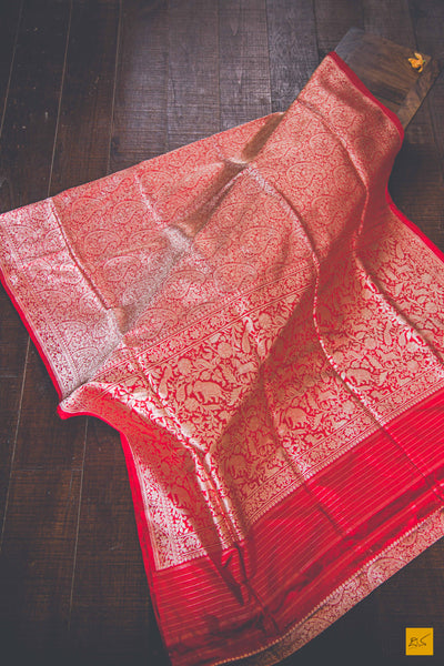 Vasudha- Red Banarasi Katan Silk Handwoven Saree