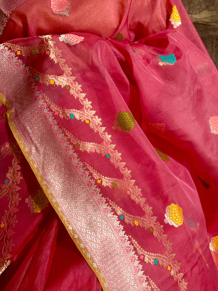 Nishpanka - Pink Banarasi Kora Silk Organza Handwoven saree