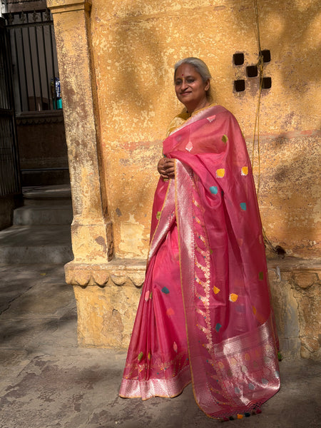 Nishpanka - Pink Banarasi Kora Silk Organza Handwoven saree