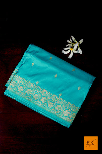 Sharvari- Aqua Blue Banarasi Katan Silk Handwoven Saree