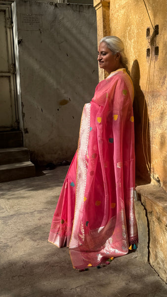 Nishpanka - Pink Banarasi Kora Silk Organza Handwoven saree