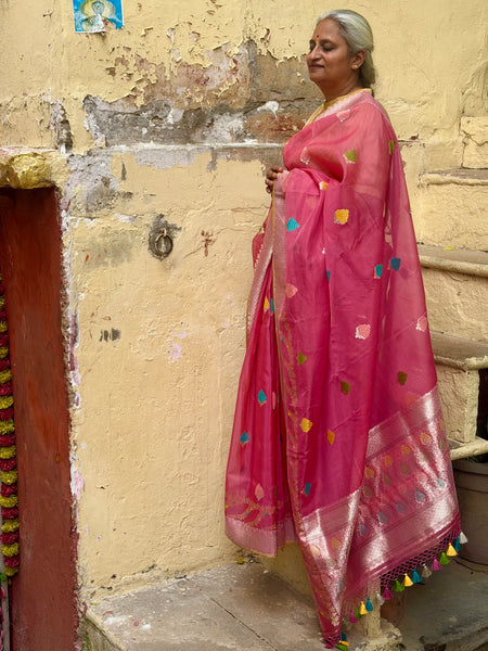 Nishpanka - Pink Banarasi Kora Silk Organza Handwoven saree